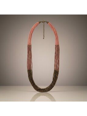 Artisan Faux Coral Bead Boho Necklace Pink Metal Multistrand Statement 32"